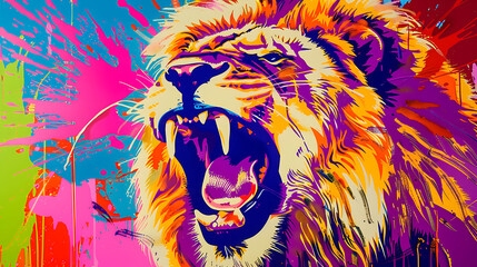 A roaring lion with vibrant yellow, purple, and blue colors in a bold, abstract style, conveying power and strength for a modern, energetic design. 
