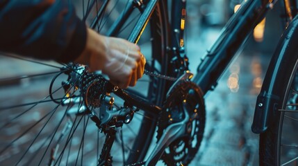 Precision in Motion - Close-up of a Cyclist's Hand Adjusting Gears on Modern Bicycle