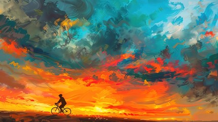 Fototapeta premium Cycling into the Colorful Sunset Silhouette - Active Lifestyle and Outdoor Recreation Concept