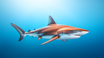 Fototapeta premium A sleek shark with blue, white, and orange tones swims through a vibrant blue ocean, evoking a sense of wonder and the thrill of underwater exploration. 
