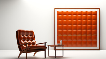 Modern  living room interior design with orange leather armchair,  table and  wall panel. 
