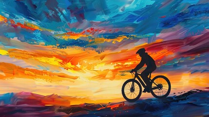 Serene Sunset Ride - Silhouette of Cyclist Cycling Into Vibrant Horizon