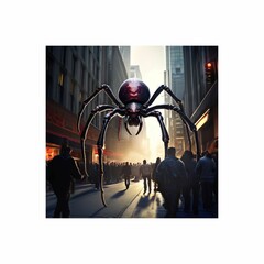 Large spider on busy street at dusk overlooking horrified spectators.