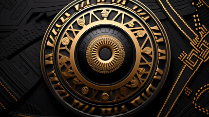 Fototapeta premium A black and gold clock face with Roman numerals, a futuristic concept of time and luxury. 