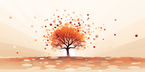 Abstract autumn tree with orange, brown and white colors,  evoking a sense of peace and tranquility. 

