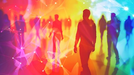 Social network concept with diverse silhouettes on a dynamic, colorful backdrop 