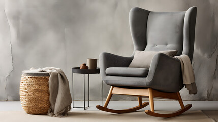 A rocking chair, a wicker basket, and a side table in grey, beige, and brown tones create a cozy and inviting atmosphere for relaxation. 