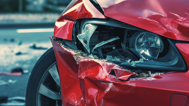 A red car with severe damage to its front end and a broken headlight, likely from a road collision. The scene shows destruction and danger with debris and intense impact from the accident
