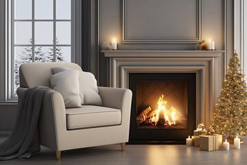 Cozy Christmas interior with fireplace, armchair and Christmas tree, decorated in beige, gold and white,  evoking warmth and festive cheer. 
