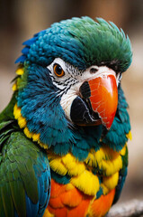 Close-up of a blue and yellow macaw with vivid plumage