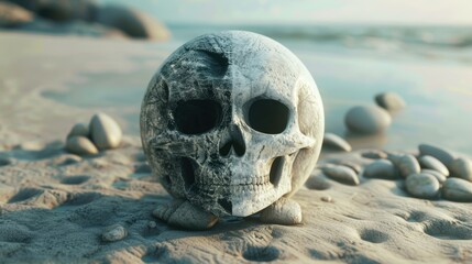 Half skull on sandy beach during sunset