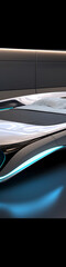 Fototapeta premium Futuristic white and blue car interior design with sleek lines and glowing accents, perfect for automotive and technology projects. 