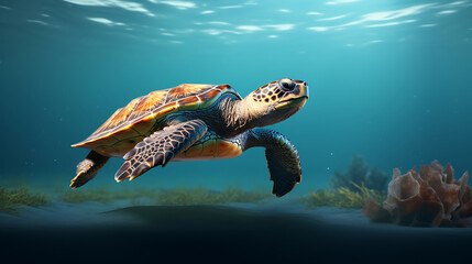 Obraz premium Sea turtle swimming in blue water with brown and yellow shell, a serene underwater scene with a sense of peace and tranquility. 