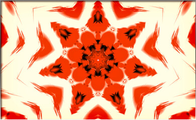 A vivid and intricate design featuring a central kaleidoscopic pattern in red, black, and white. Symmetrical shapes and dynamic color contrasts create a vibrant and captivating visual effect.