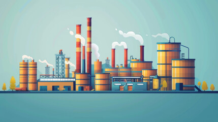 Obraz premium Contemporary industrial factory complex with multiple smokestacks emitting white smoke, set against a blue sky and cityscape.