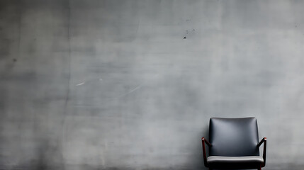 A single black leather chair against a grey wall, minimalist design, waiting, anticipation, and a sense of calm. 

