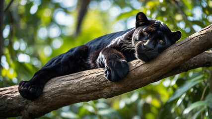 Obraz premium Black panther lounging comfortably on a tree branch in the jungle