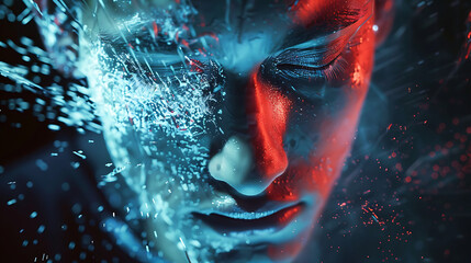 A mysterious face, illuminated with blue and red light, evokes a sense of digital transformation and futuristic technology. 
