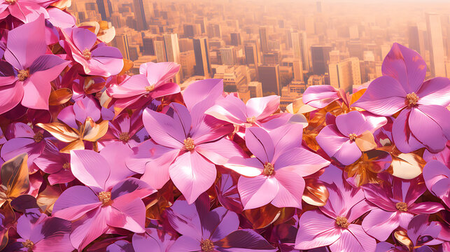 Pink, gold, and white flowers against a blurred cityscape background, a modern, artistic, and elegant design, conveying a sense of hope and optimism, ideal for spring or summer themes. 
