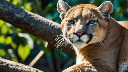 Cougar with an intense stare resting on a branch in the jungle