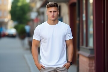 Fototapeta premium A young man in a white shirt stands on a sidewalk in front of a building