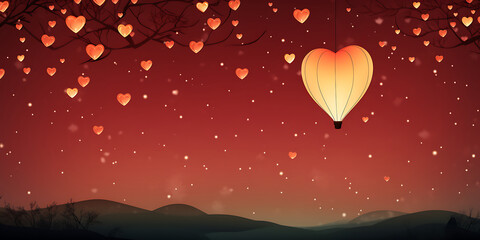 Romantic red sky with glowing heart lanterns and a single large heart shaped lantern, perfect for Valentine's Day. 
