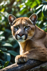 Naklejka premium Cougar resting on tree branch in the lush tropical jungle