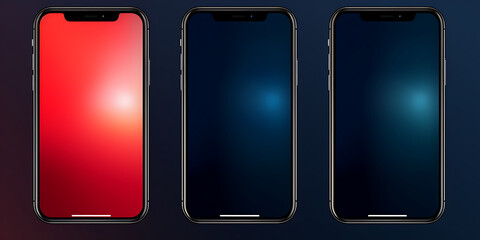 Three black smartphones with red, blue and dark blue gradients for app design, website and mobile interface. 
