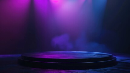 Fototapeta premium Circular platform illuminated by purple and blue lights in a dark room