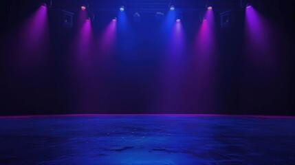 Empty stage illuminated by blue and purple lights in a dark theater