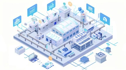 Obraz premium Modern smart factory illustration with connected devices and data analytics