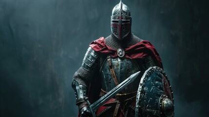 Naklejka premium Medieval knight in full armor with sword and shield standing in a misty forest