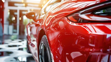 Red sports car rear quarter panel in showroom