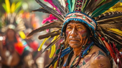 Fototapeta premium Indigenous man wearing traditional feather headdress in a festive setting