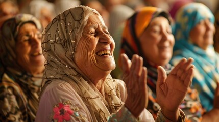 Elderly woman in headscarf clapping and smiling during an event