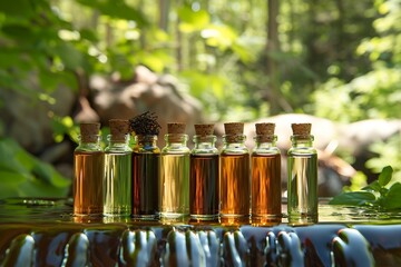 A set of organic aromatherapy oils with a background of a serene forest