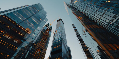 Arranha-c&eacute;us modernos em uma tarde de c&eacute;u azul