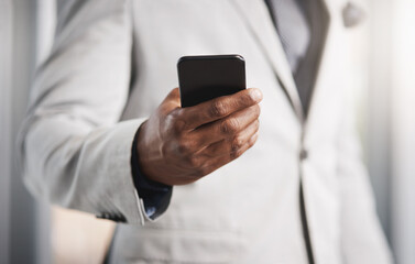 Cellphone, hand and businessman with online networking for communication with investment client. Phone, information and closeup of financial advisor scroll on mobile app for stock market research.