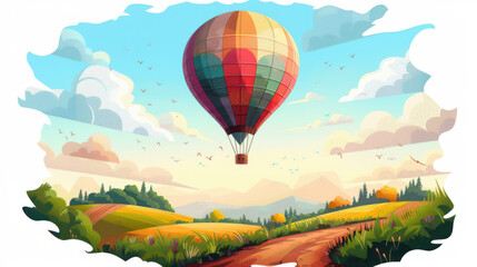 Obraz premium A vibrant hot air balloon floats above a picturesque landscape with rolling hills, trees, and a clear blue sky.