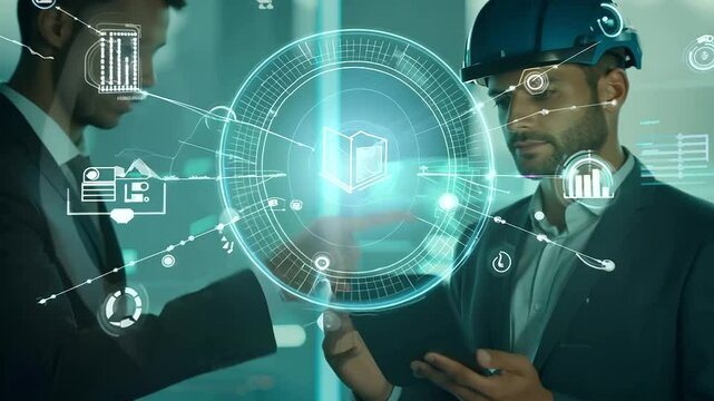 Innovative young engineer interacts with advanced AR software to streamline project management.