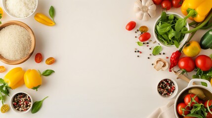 Fresh colorful vegetables, spices, rice and herbs forming a frame on white background