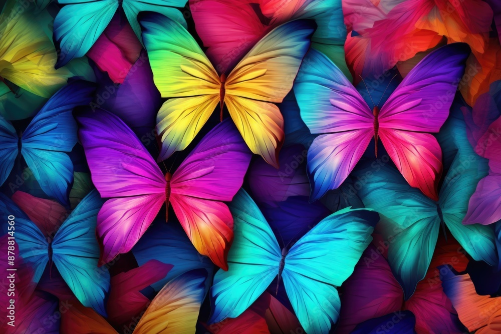 Poster colors of rainbow. pattern of multicolored butterflies morpho texture background.