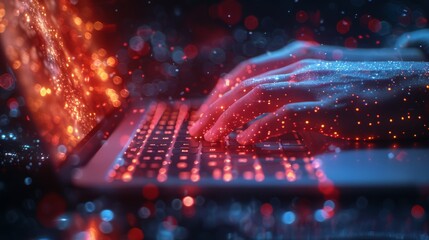 Obraz premium Using a laptop with data and icons, in light navy and light azure colors, abstract structures, mechanical designs, glass as a material, selective focus