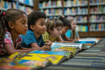 A varied group of children are sprawled on the library floor, engaging with oversized books, displaying their curiosity and involvement. Celebrating Book Lovers Day.