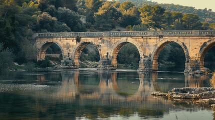 Fototapeta premium A wooden bridge spanning a serene lake or river, surrounded by lush greenery and tall trees