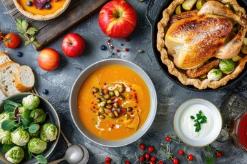 Traditional Thanksgiving dinner with autumn foods in flat lay.