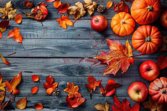 Fall themed background with apples  pumpkins  leaves. Perfect for holidays.