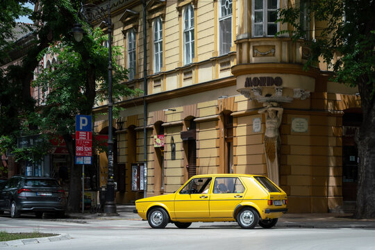 Yellow Volkswagen Golf 1 J GL (3 door, J - Jugoslavia, TAS plant, Sarajevo) in excellent condition is griving in Subotica, Serbia, 09.06.2024
