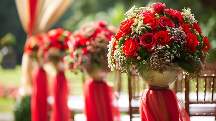 Wedding rounded flowers decorated with red fabric arrangements