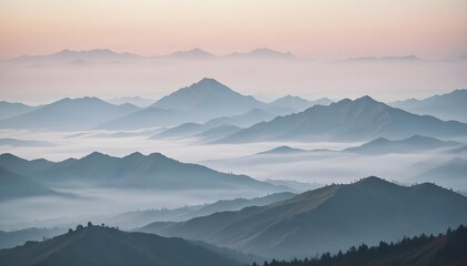 mountain layers and sunrise view in cold and foggy weather.